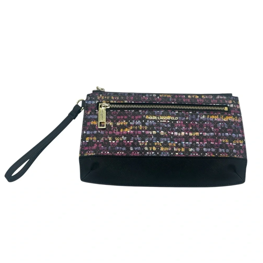 Karl Lagerfeld Double Zip Wristlet Clutch Wallet Bag in Black and Purple - Picture 1 of 3